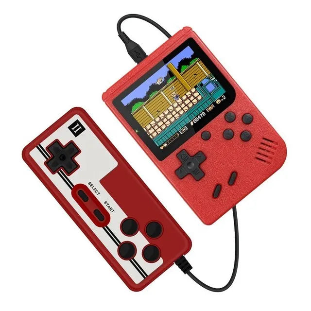 Rote Retro-Handheld-Konsole mit Controller, 8-Bit-Spiel, tragbar, nostalgisches Gaming-Gerät.