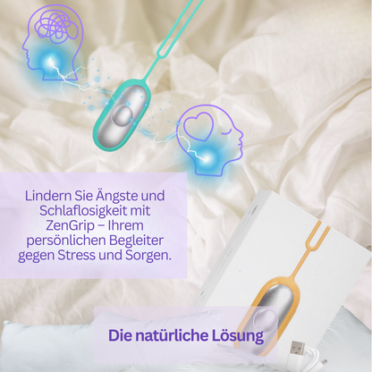 ZenGrip Anti-Stress-Gerät, silber, auf weißem Bett, zur Linderung von Angst und Schlaflosigkeit.