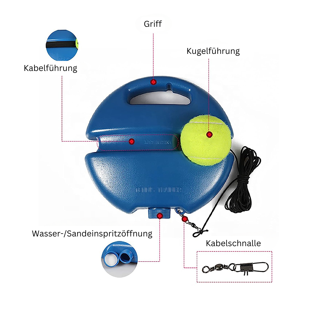 Blauer Tennis-Trainer mit Griff, Kabel, Kugelführung und Wasser/Sandeinspritzöffnung.