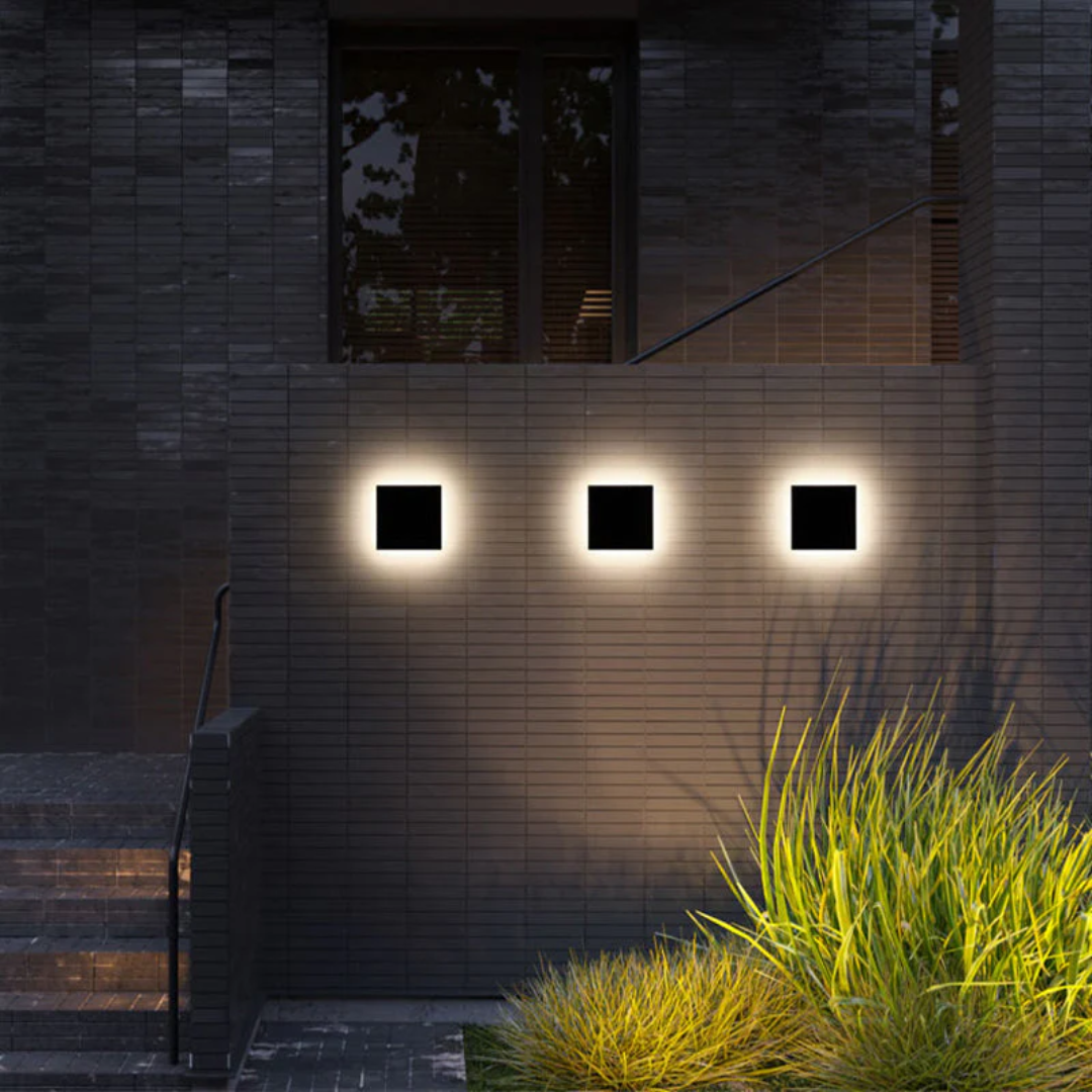 Moderne Außenwandleuchten, quadratisch, schwarz, LED, energiesparend, stilvolle Gartenbeleuchtung.