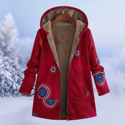 Rote Damen-Winterjacke mit Kapuze, Ethno-Muster, warmes Futter, ideal für kalte Tage.