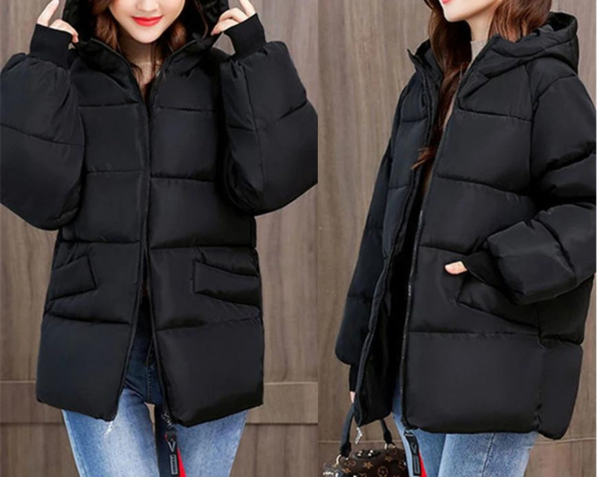 Damen Winterjacke Schwarz, Kapuze, Daunenoptik, warm, modisch, Freizeitkleidung, Herbst/Winter.