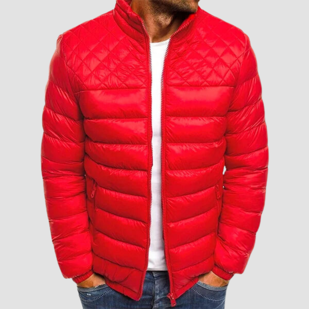 Rote Herren-Daunenjacke, Steppdesign, Reißverschluss, Wintermode, warm, stilvoll.