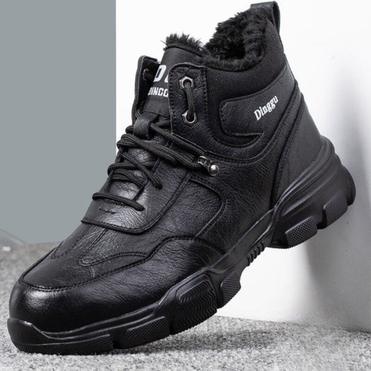 Schwarzer Herren-Winterstiefel, Leder, warm gefüttert, rutschfeste Sohle, modisch, robust.
