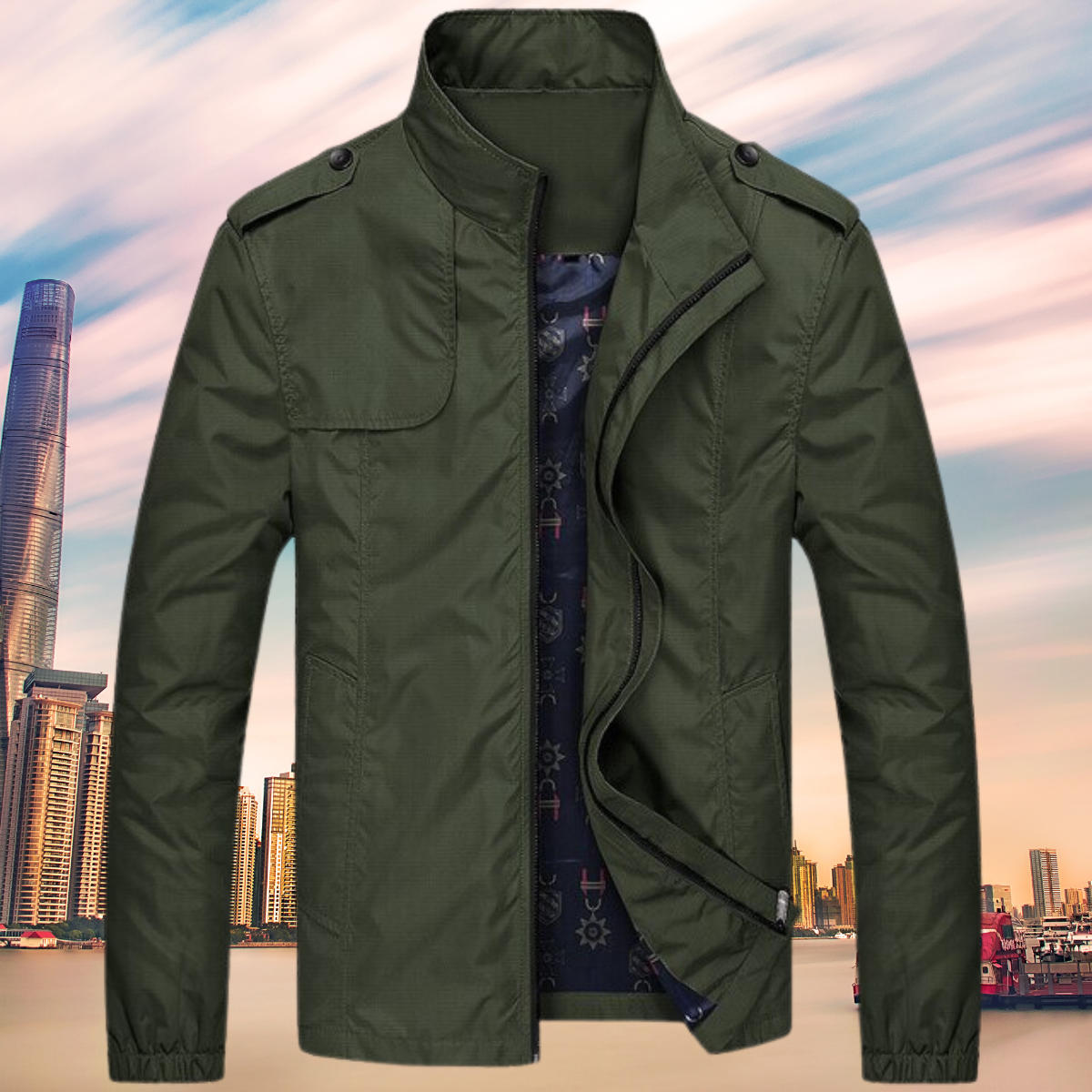 Olivgrüne Herrenjacke, winddicht, mit Stehkragen, ideal für Herbstmode, urbaner Stil.
