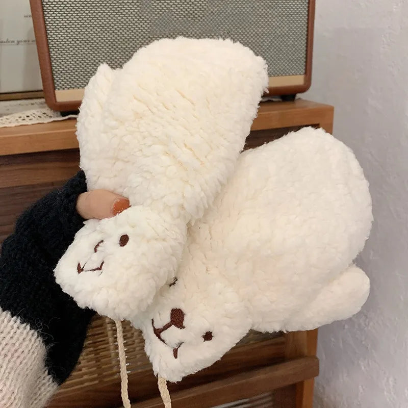 Weiße Plüschhandschuhe in Bärenform, warm, weich, Winteraccessoire, Damenmode.