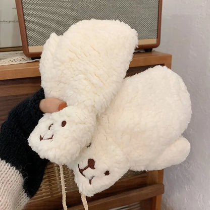 Weiße Plüschhandschuhe in Bärenform, warm, weich, Winteraccessoire, Damenmode.