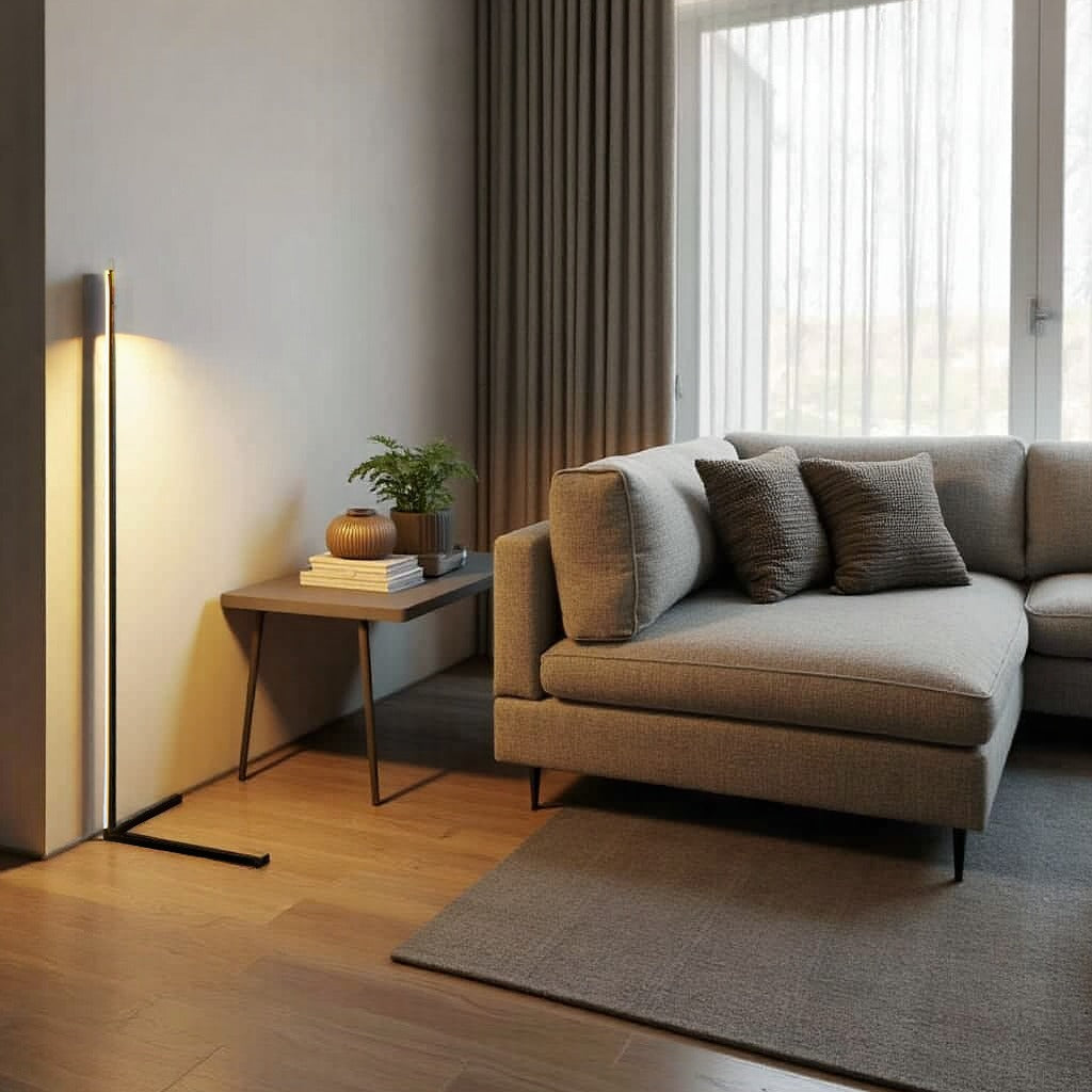 Golvlampa med varmt sken bredvid ett litet bord med böcker och planta, framför en grå soffa 6