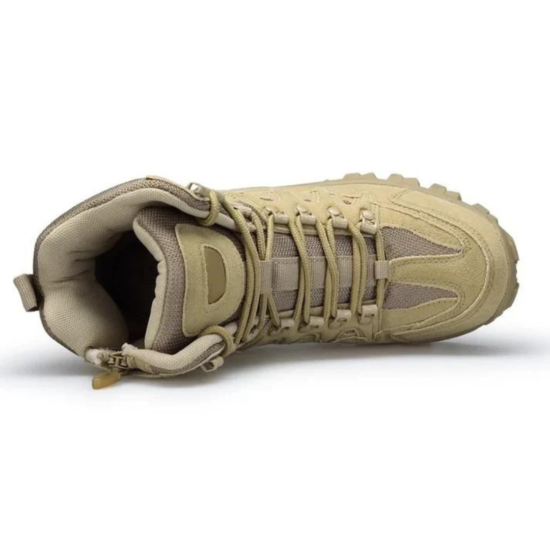 Beiger, winddichter Wanderschuh, robustes Design, Outdoor, rutschfeste Sohle, atmungsaktiv.