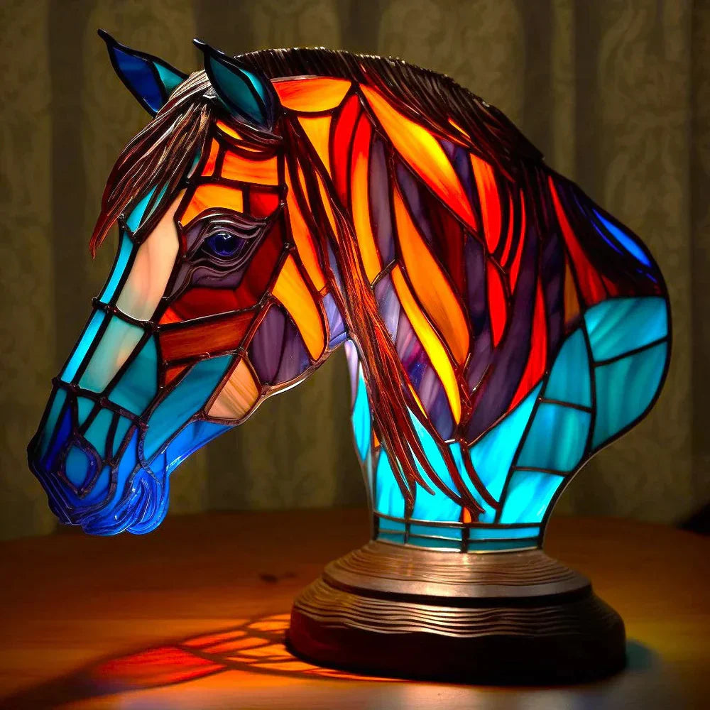 Buntes Tiffany-Glas-Pferdekopf-Lampe, dekorative Tischleuchte, Kunstglas, Wohnzimmerbeleuchtung.