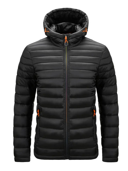 Schwarze Steppjacke mit Kapuze, Reißverschluss, orange Details, Herrenmode, Winterjacke.