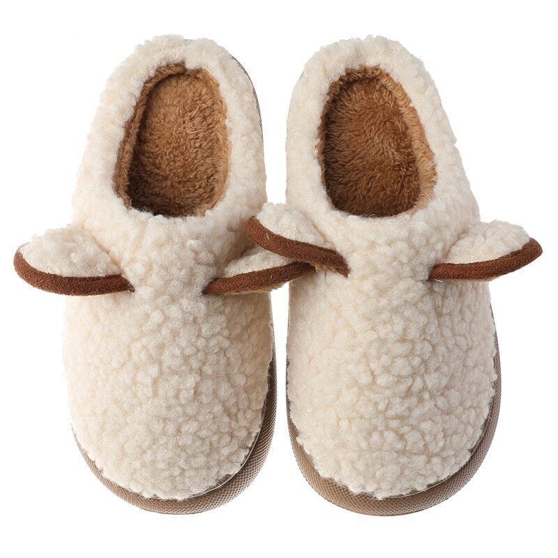 Beige Kinderhausschuhe aus Plüsch, warm, rutschfest, mit Ohren, gemütlich, Wintermode.