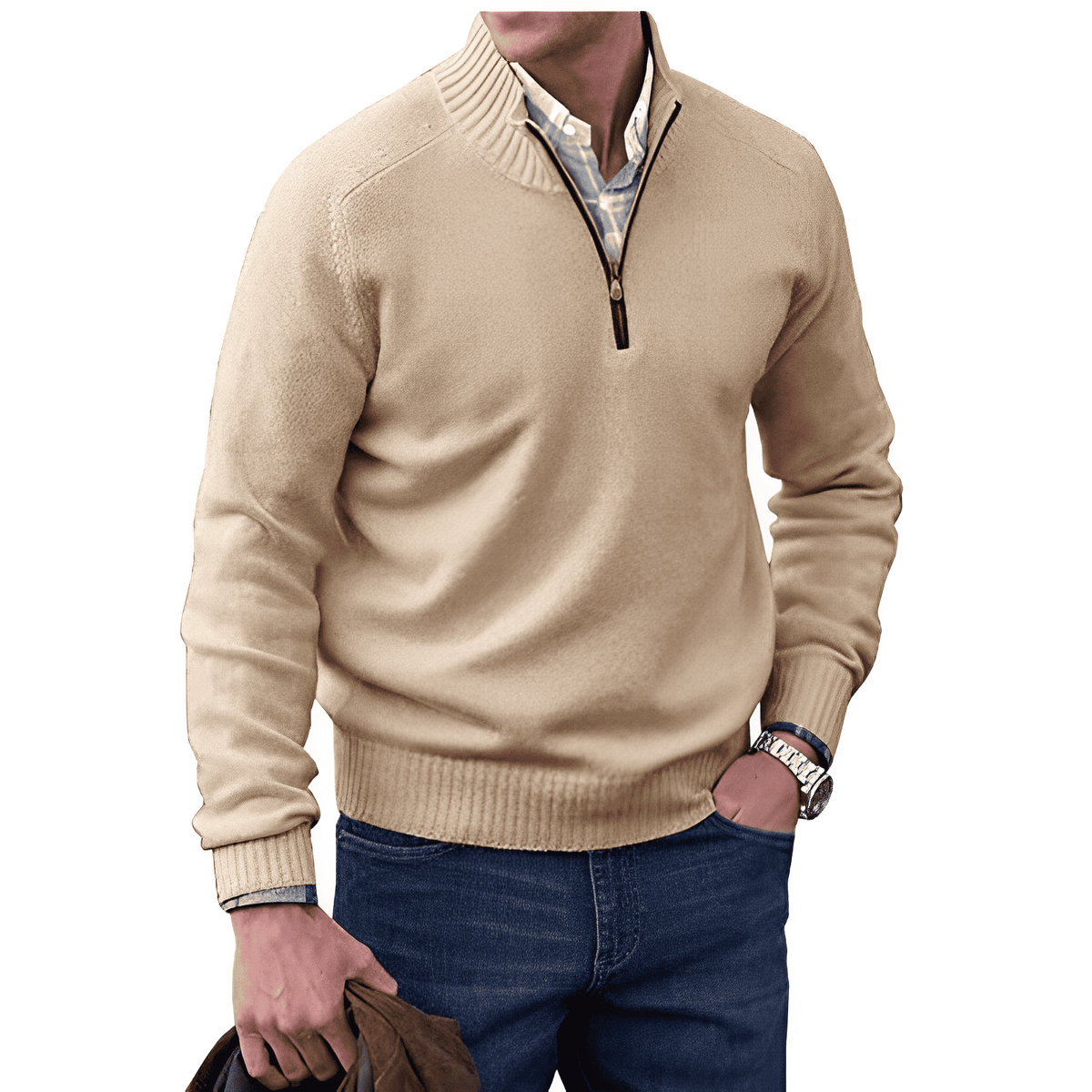 Beiger Herrenpullover mit Reißverschluss, Strick, Freizeitmode, Herbstbekleidung, elegant.