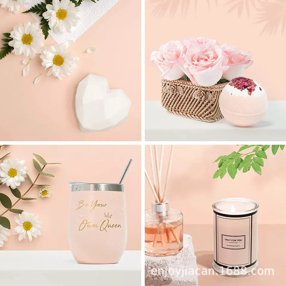 Vierer-Collage mit Blumen, Kerzen, Tasse und Seifenherz auf rosa Hintergrund.