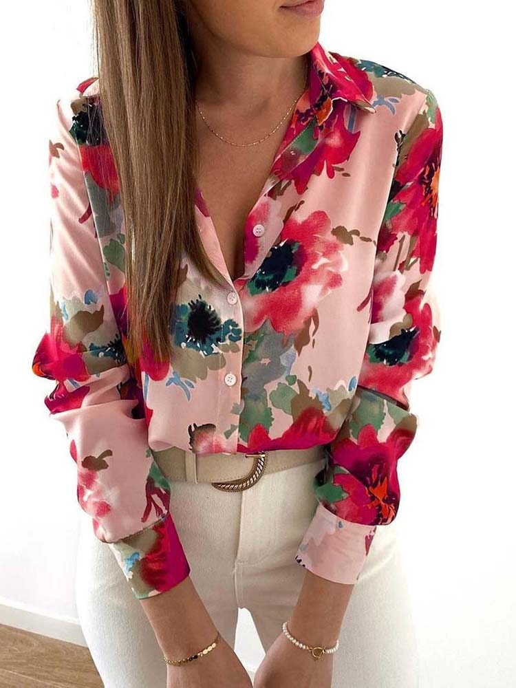 Damenbluse mit Blumenmuster, rosa, langärmelig, Knopfleiste, modisch, elegant, Freizeitkleidung.