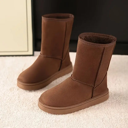 Braune Damen-Winterstiefel aus Wildleder, warm gefüttert, rutschfeste Sohle, modisch.