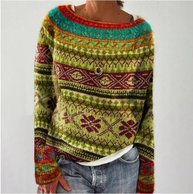 Farbiger Damenpullover mit Norwegermuster, O-Ausschnitt, langärmelig, lässig, Herbstmode.