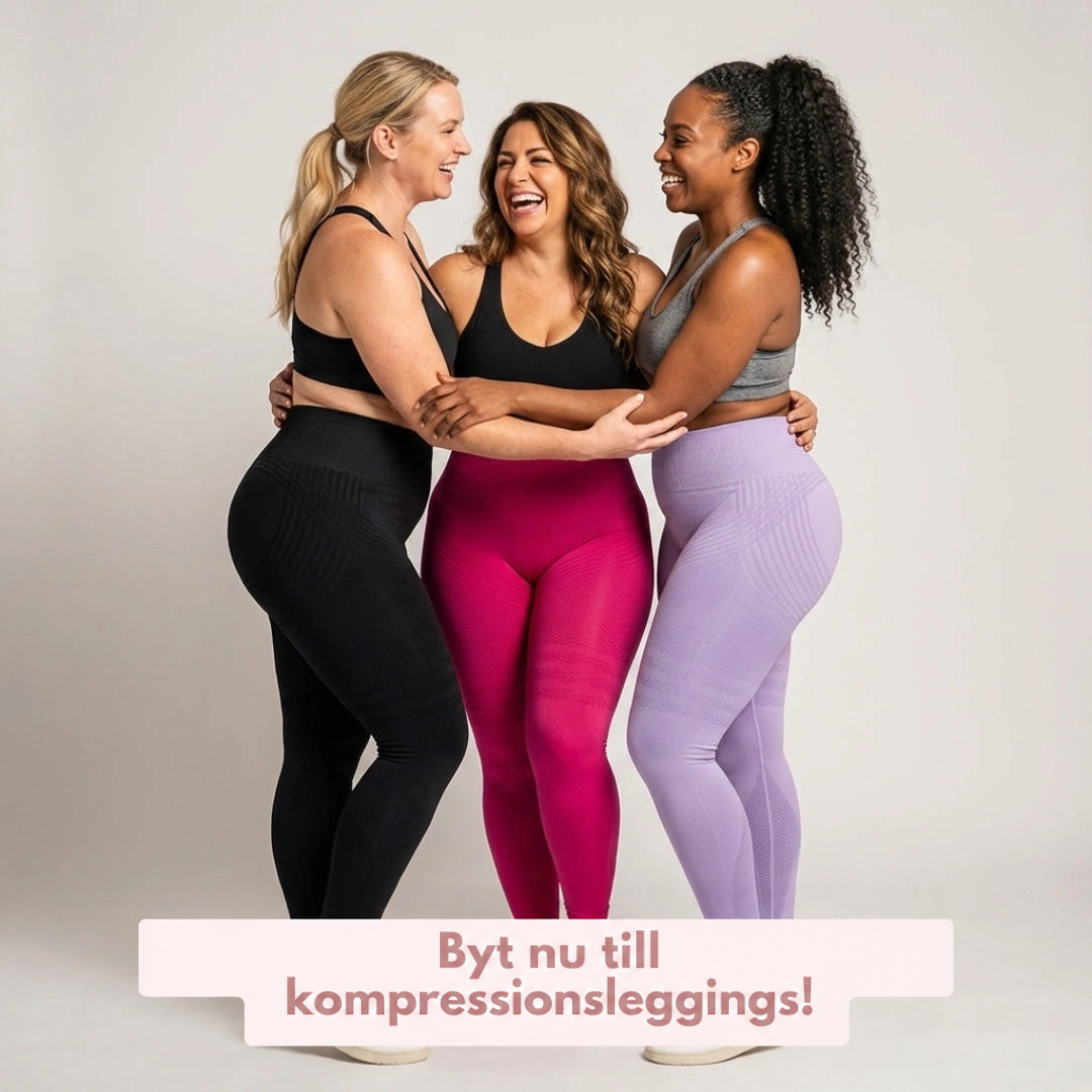 Tre skrattande kvinnor som kramar varandra, iklädda svarta, rosa och lila tights med sport-bh, mot grå bakgrund. 20