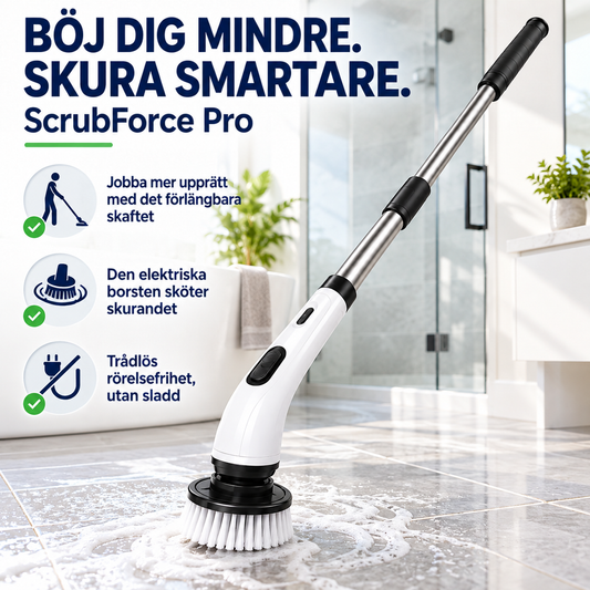 Skurskrubben med långt skaft och vit borste skrubbar skummande kakelgolv i ett ljust badrum, med ikoner för fördelarna 1