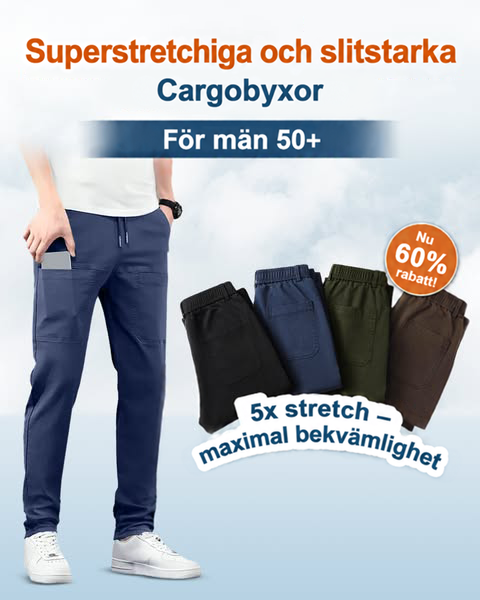 Man i blå byxor med mobil i fickan, bredvid fyra hopvikta byxor i olika färger 2