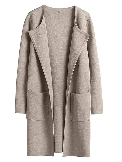 Beiger Damen-Cardigan aus Wolle, offenes Design, lange Ärmel, Taschen, modisch und warm.