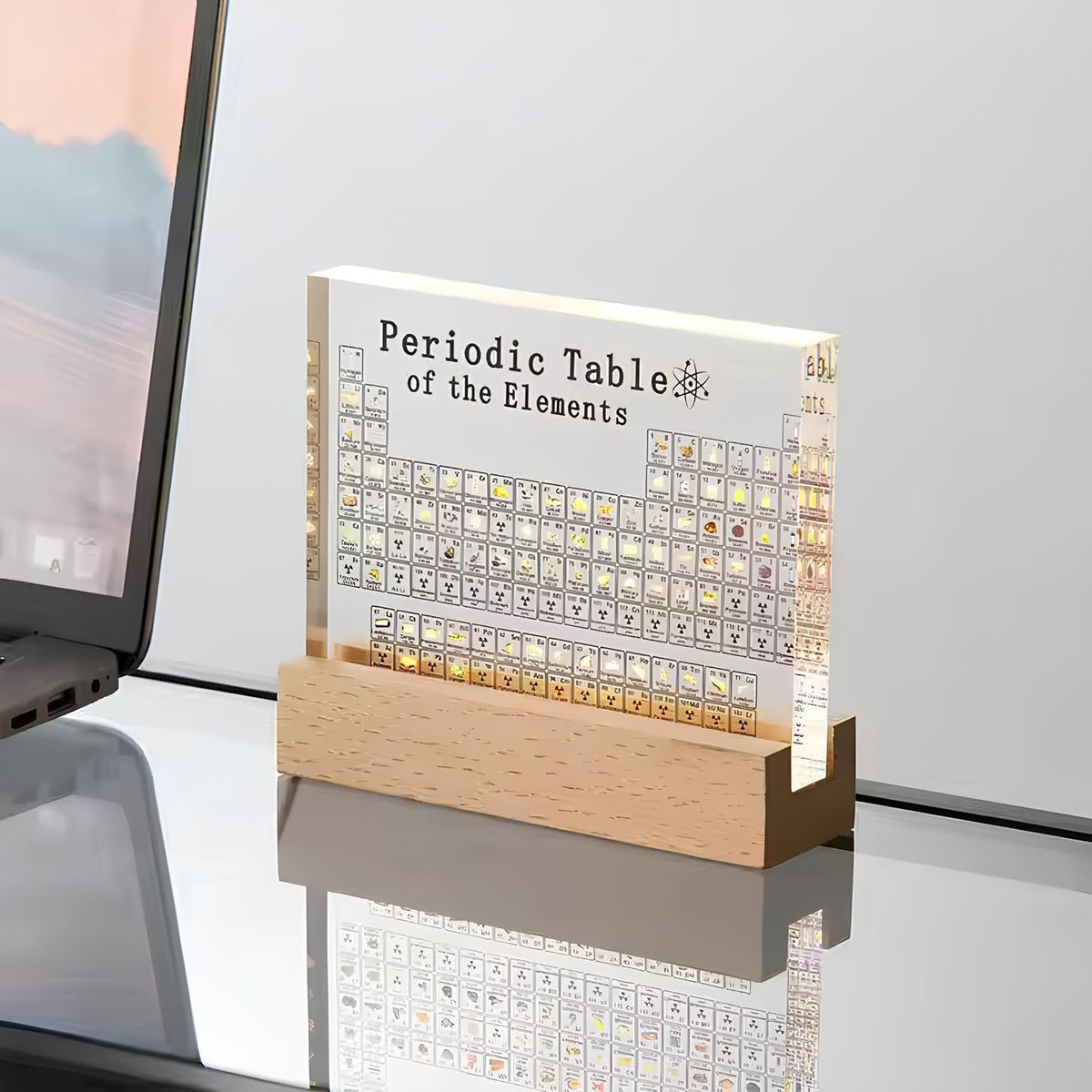 Acryl-Periodensystem mit Holzständer, dekorative Tischlampe, modernes Design, Geschenkidee