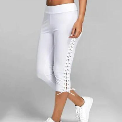 Weiße Damen-Capri-Leggings mit Schnürung, Sportbekleidung, elastisch, bequem.