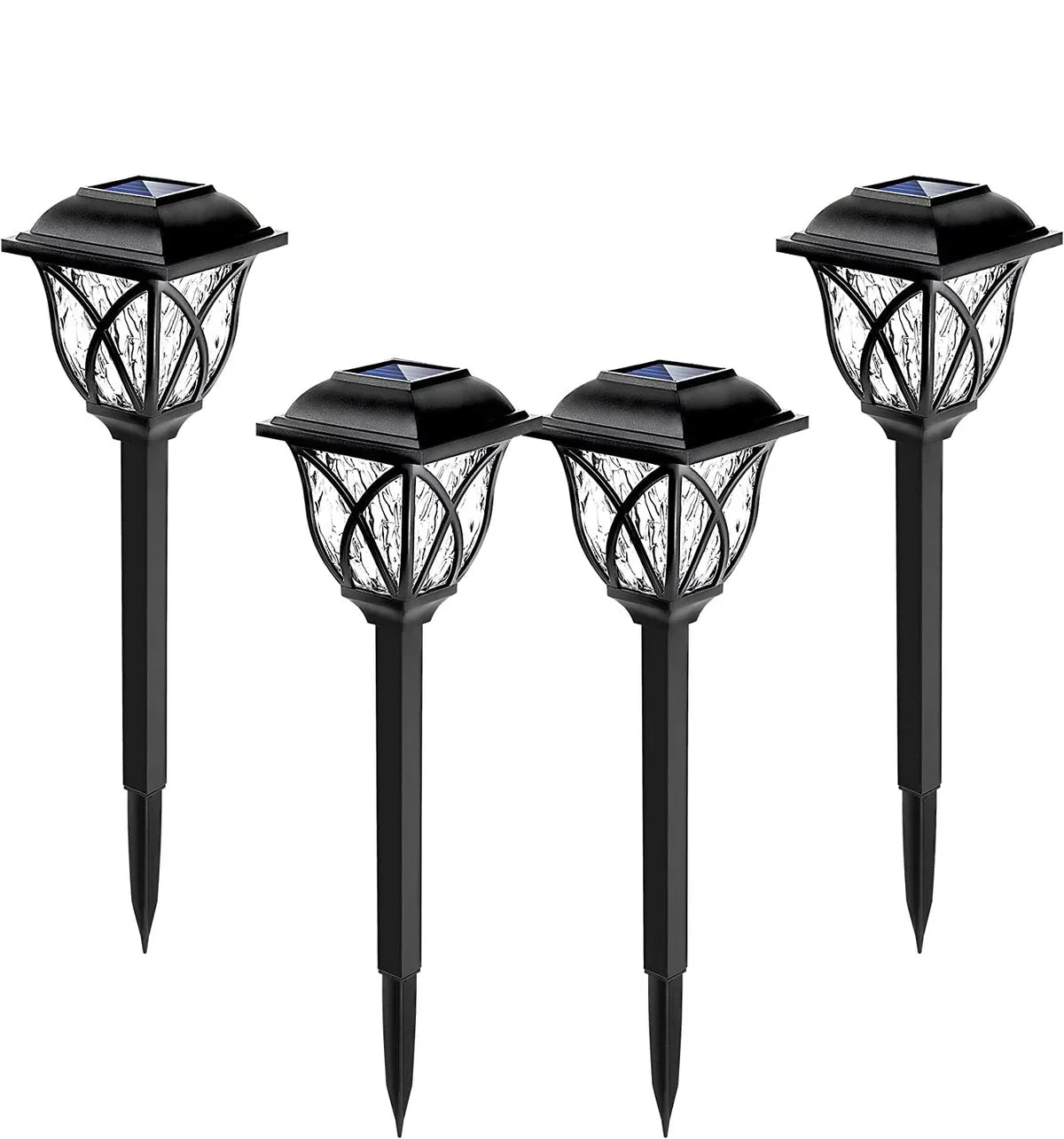 Vier schwarze Solar-Gartenleuchten, LED, wetterfest, energiesparend, für Außenbereich.