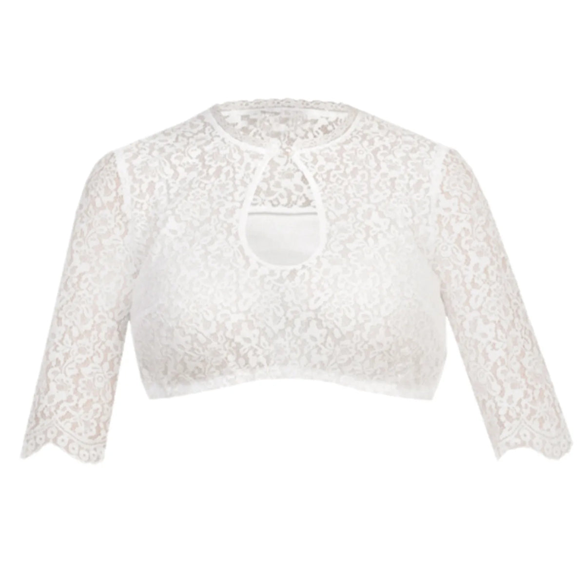 Weiße Spitzenbluse Damen, 3/4-Ärmel, Rundhalsausschnitt, elegant, festlich, Modeaccessoire.