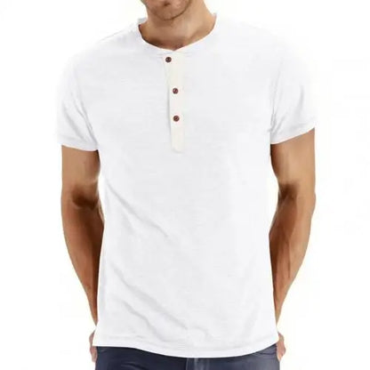 Weißes Herren-Henley-Shirt, Kurzarm, Baumwolle, Knopfleiste, lässig, modisch.