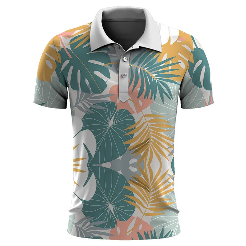 Herren-Poloshirt mit tropischem Blattmuster, mehrfarbig, kurzärmelig, Freizeitmode.