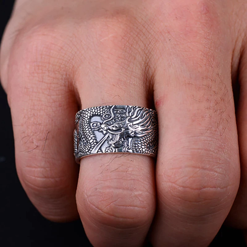 Silberner Drachenring, Herren, Edelstahl, detailreich, Schmuck, modisch, robust, Geschenkidee.
