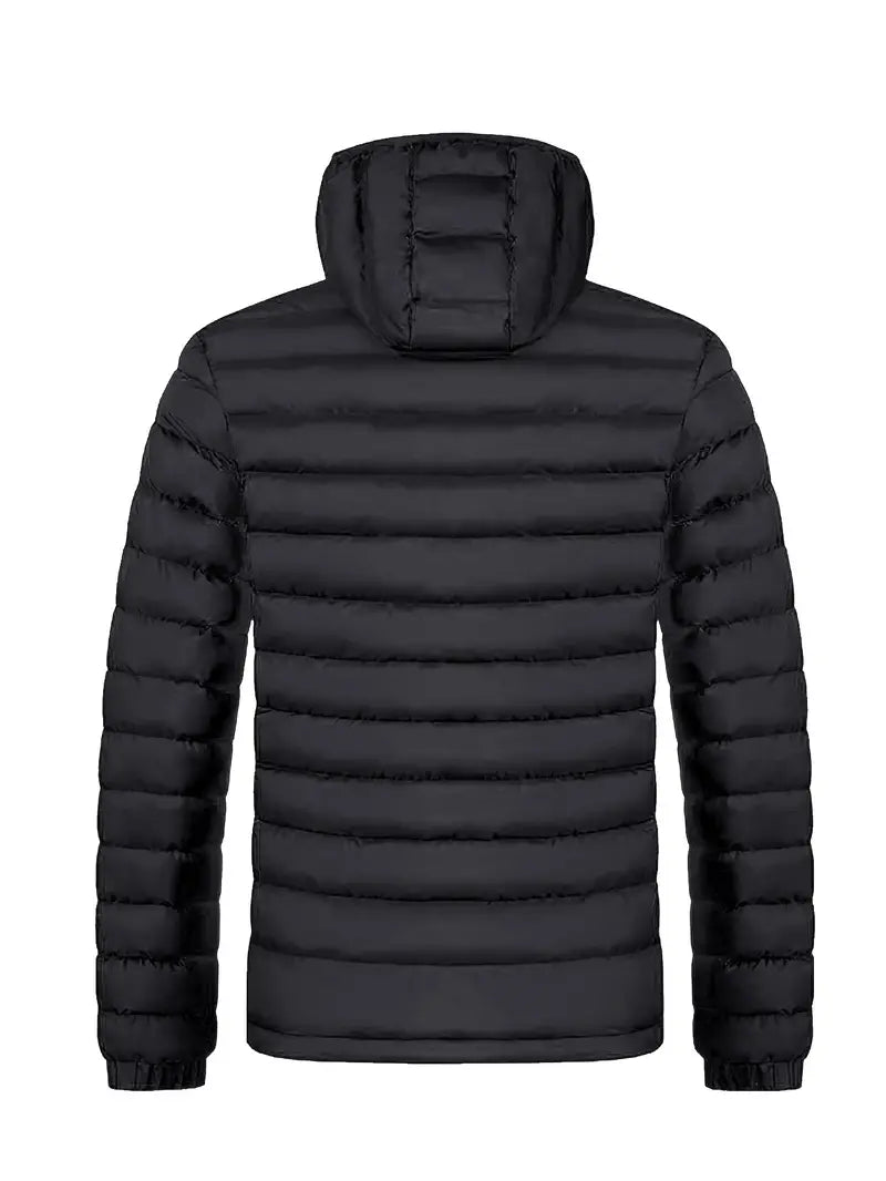 Schwarze Daunenjacke mit Kapuze, gesteppt, warm, Herrenmode, Winterjacke, Outdoor-Bekleidung.