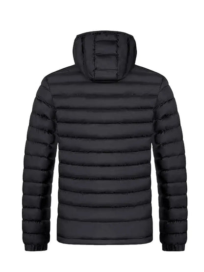 Schwarze Daunenjacke mit Kapuze, gesteppt, warm, Herrenmode, Winterjacke, Outdoor-Bekleidung.
