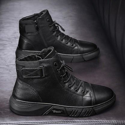 Schwarze Herren-Sneaker aus Leder, hohe Knöchel, modisches Design, Reißverschluss, Schnürsenkel.