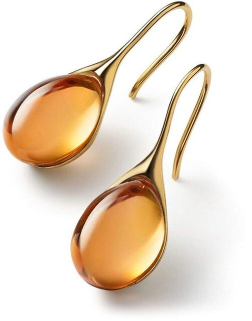 Goldene Ohrringe mit bernsteinfarbenem Kristall, elegantes Design, Damen-Schmuck.