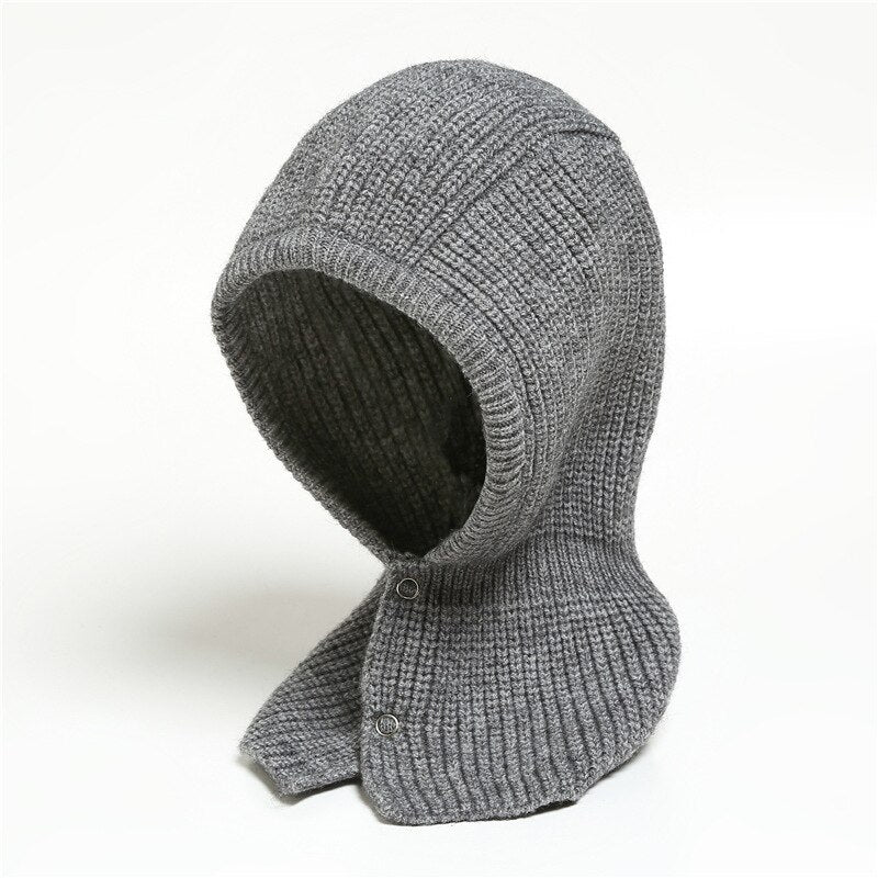 Graue Strick-Balaclava aus Wolle, warm, modisch, Winteraccessoire für Damen und Herren.