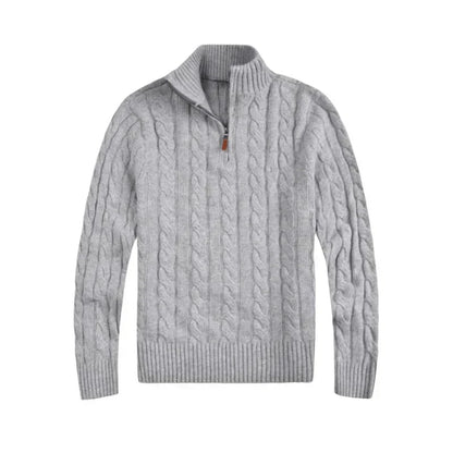Grauer Strickpullover mit Reißverschluss, Herrenmode, Winterkleidung, Zopfmuster, Baumwolle.