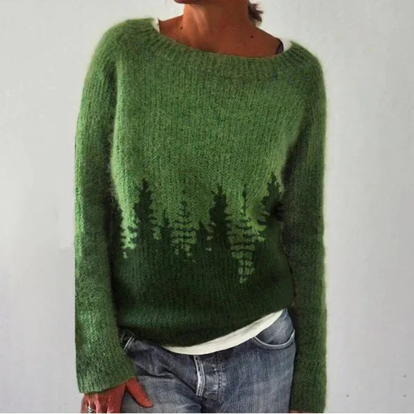 Grüner Damenpullover mit Waldmotiv, O-Ausschnitt, langärmelig, lässig, Herbstmode.