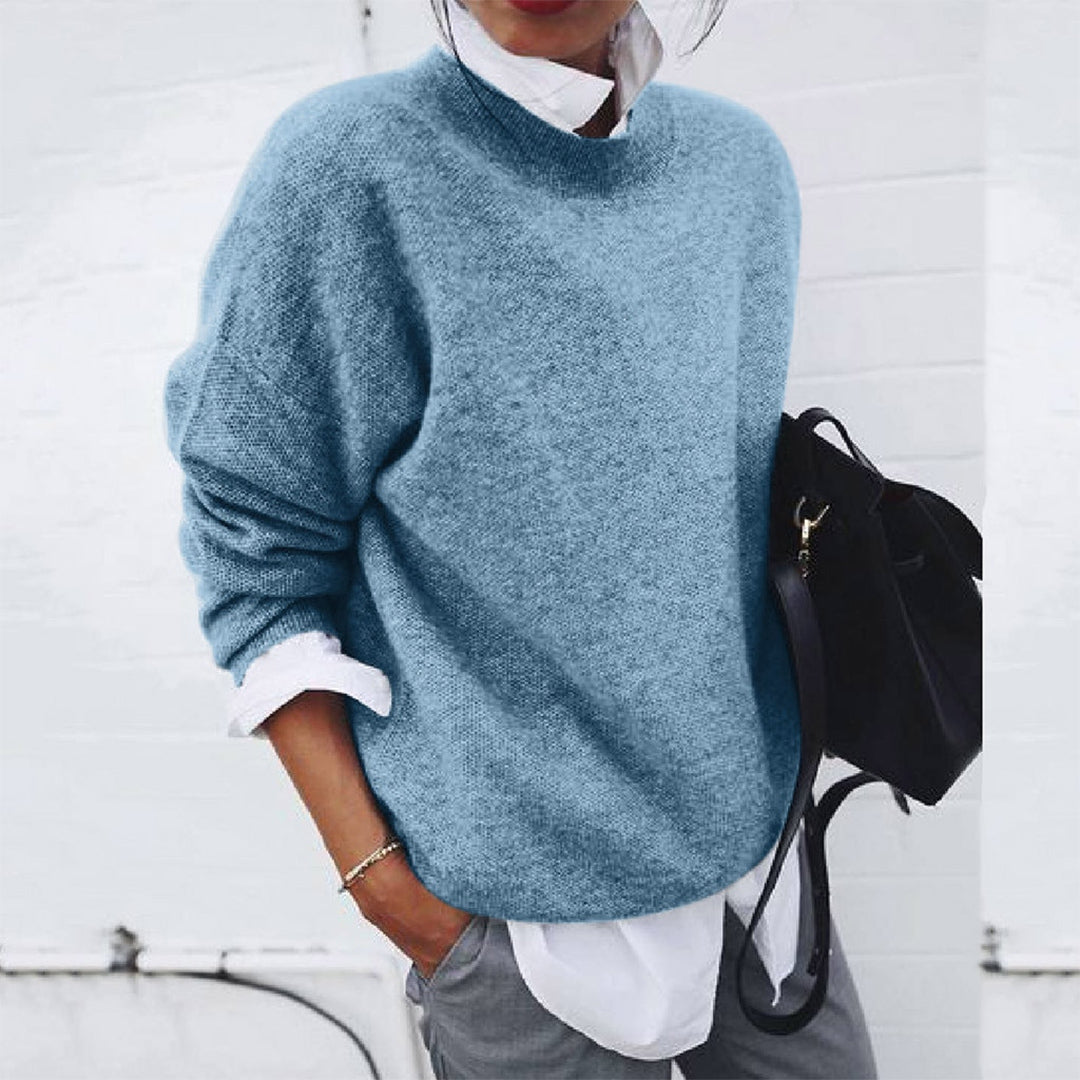 Damenpullover blau, Strick, lässig, Herbstmode, übergroß, modisch, bequem, warm, elegant.