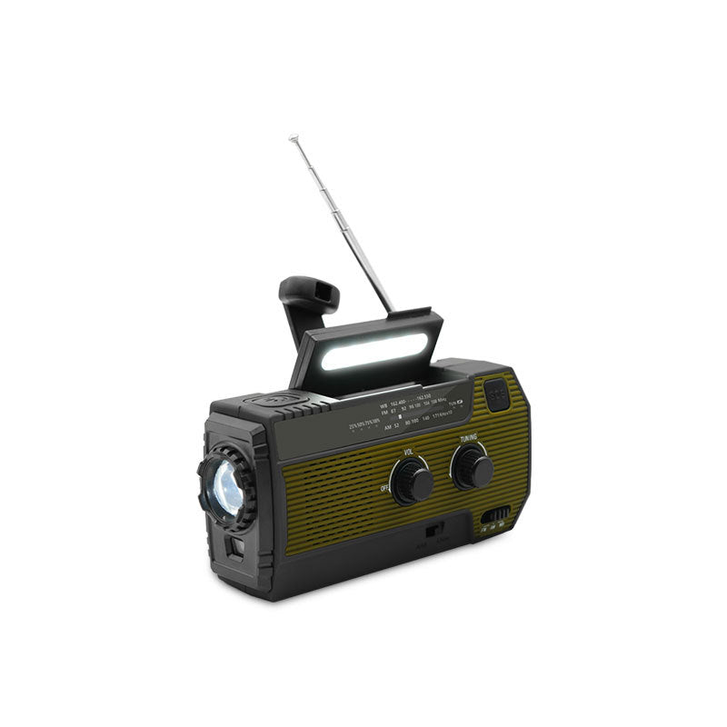 Tragbares Notfallradio mit Taschenlampe, Solarpanel, Handkurbel, USB-Ladegerät, grün-schwarz.