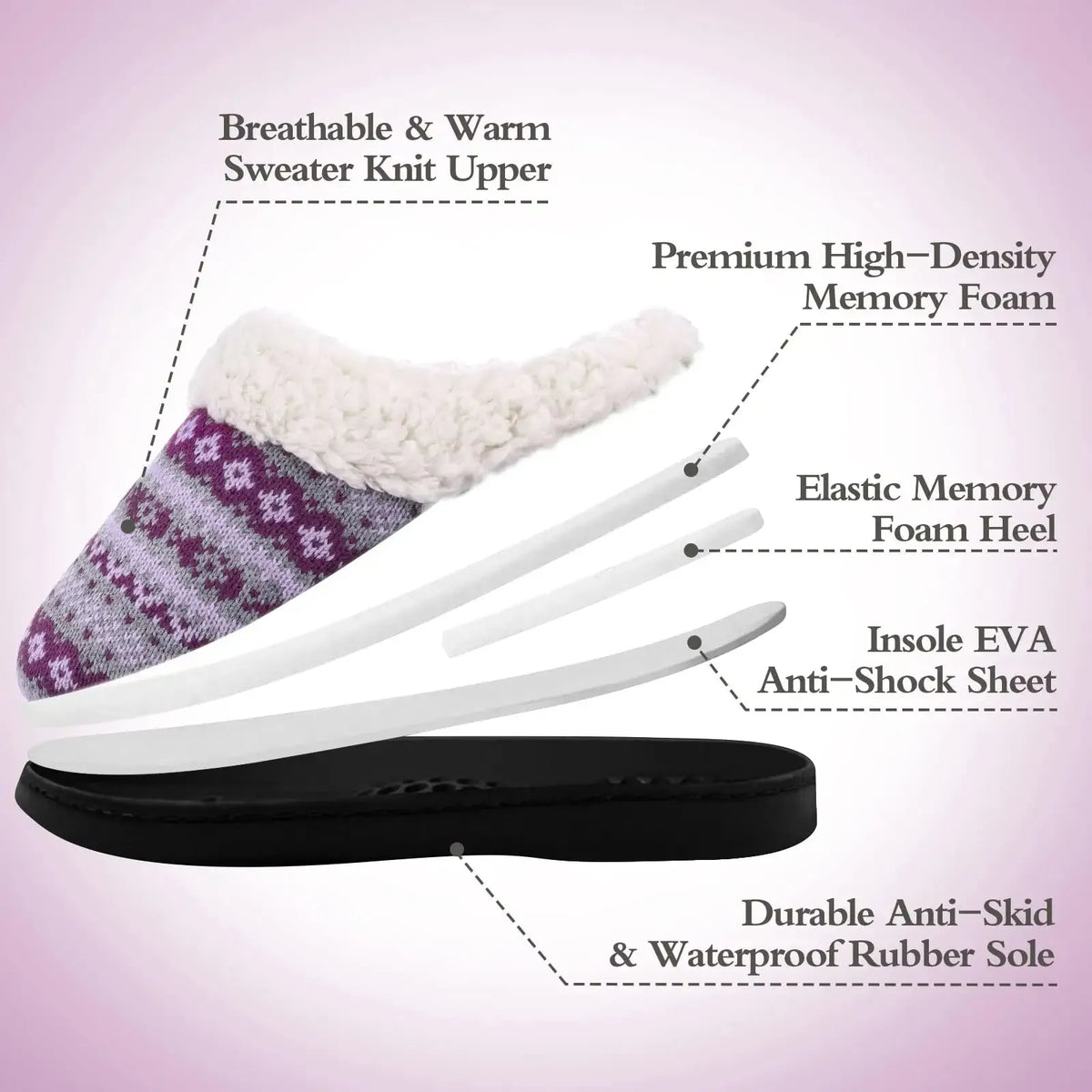 Damen Hausschuhe, lila Strick, Memory Foam, rutschfeste Gummisohle, warm und bequem.