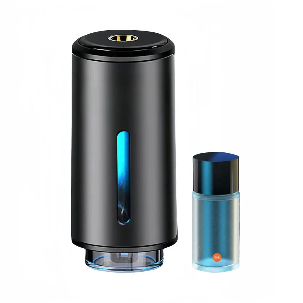Schwarzer elektrischer Lufterfrischer mit blauem Licht und Duftflakon, modern, stilvoll.