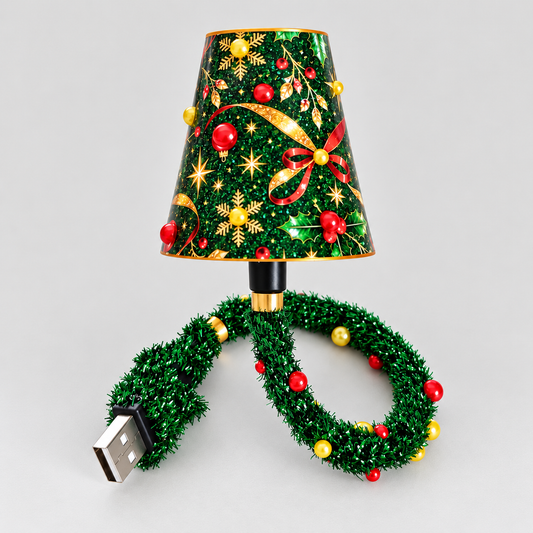 Lampa med grön skärm dekorerad med guldiga snöflingor, röda band och kulor, och en grön glittrig USB-sladd i en ögla, mot ljus bakgrund. 1