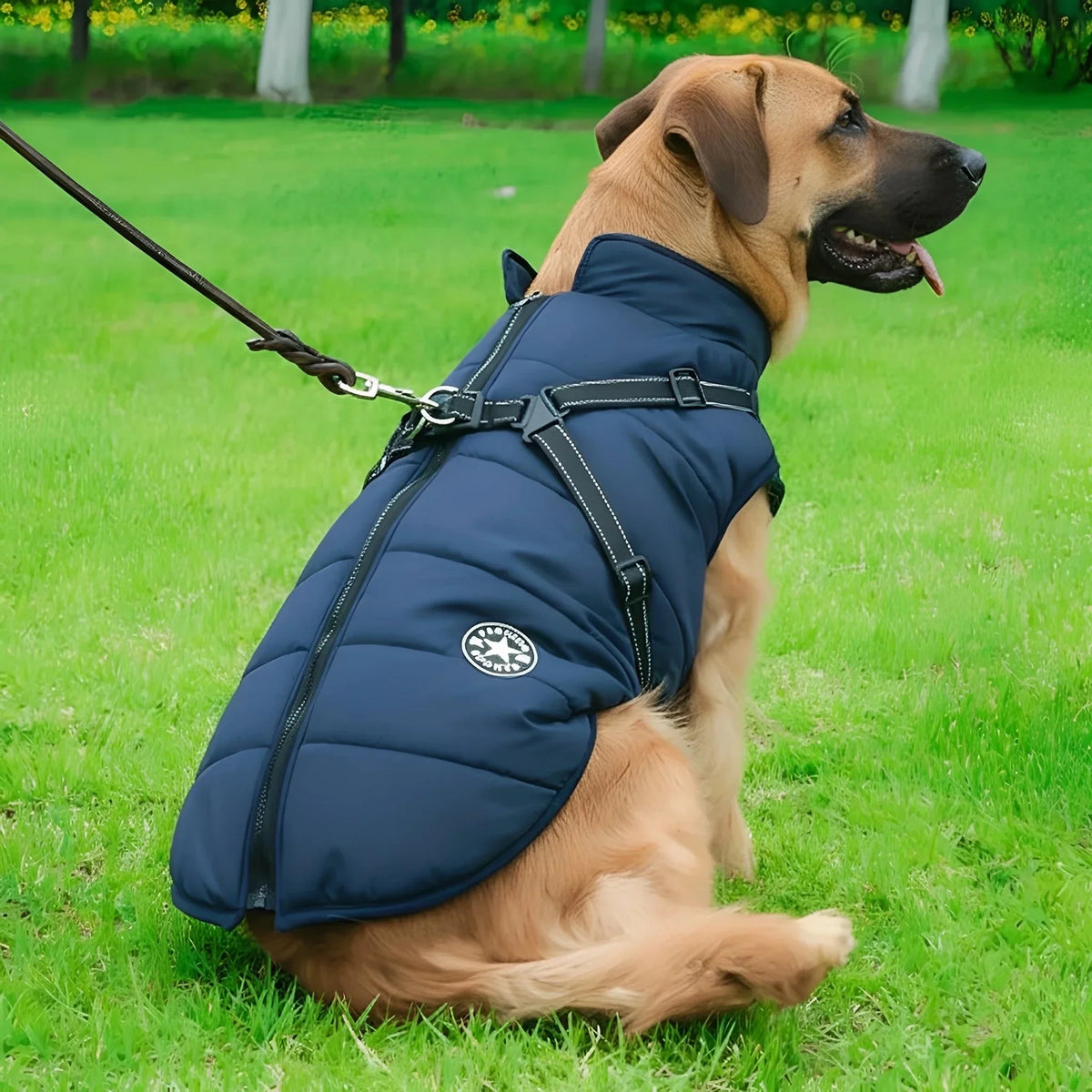 Stor brun hund sitter i gräset i marinblå vadderad jacka med sele, kopplet fäst i ryggens D-ring. 2