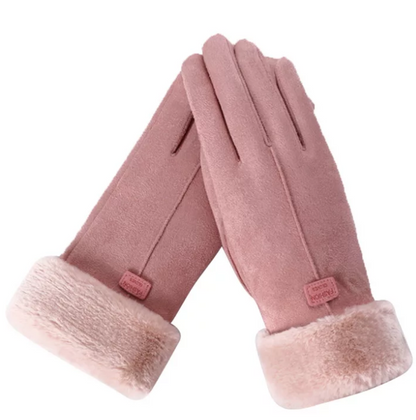 Damenhandschuhe rosa Wildleder mit Kunstfellfutter, winterwarm, elegant, modisch.