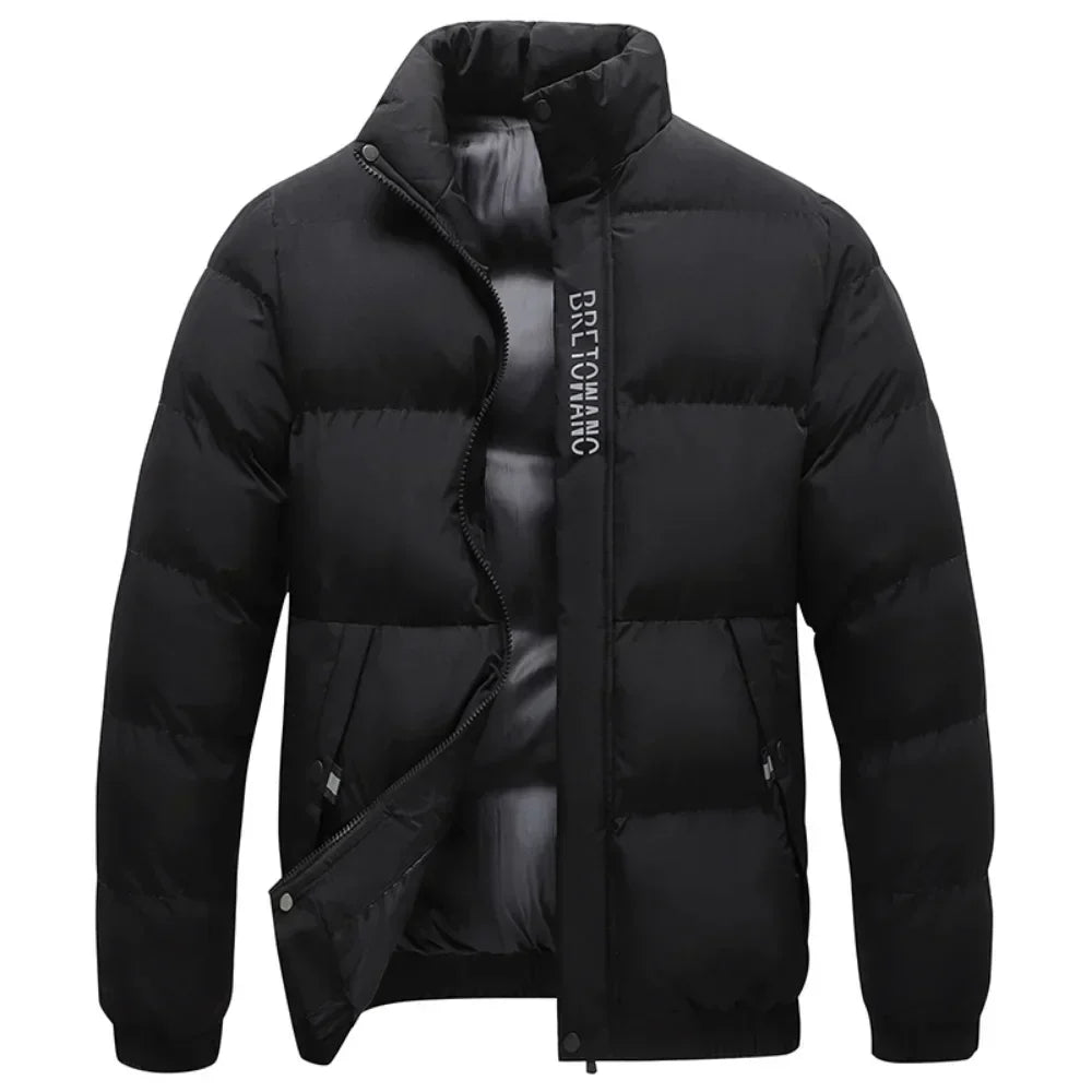 Schwarze Daunenjacke Herren, warm, Reißverschluss, Wintermode, Outdoor-Bekleidung.