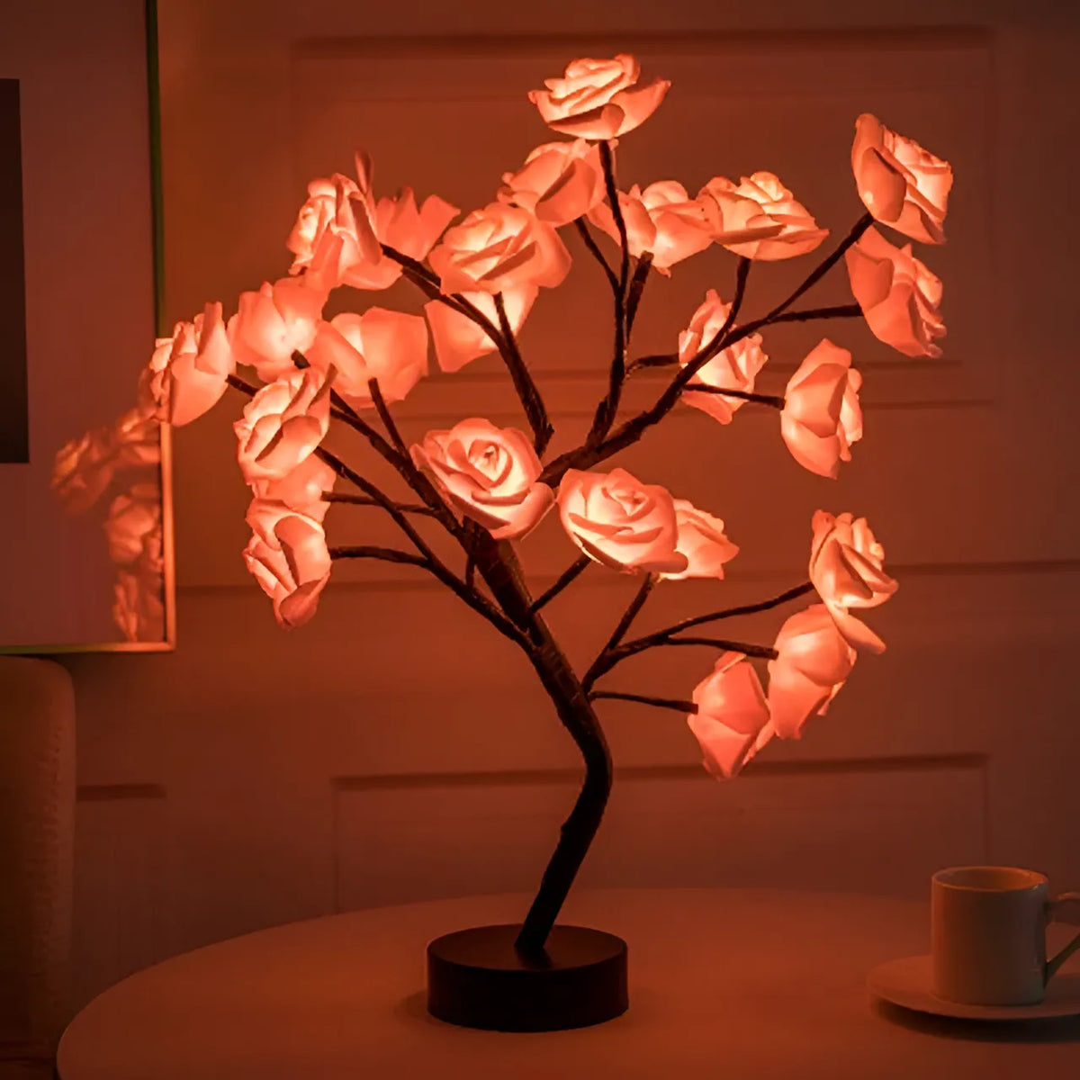 LED-Rosenbaum Lampe, warmweiß, dekorativ, Tischleuchte, romantische Beleuchtung, Wohnzimmer.