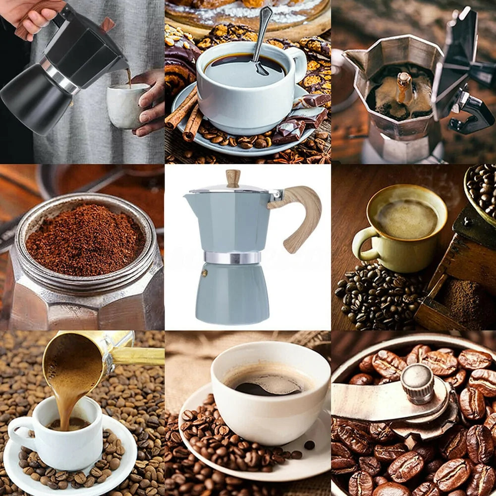 Mokkakanne aus Edelstahl, Kaffeetasse, Kaffeebohnen, frisch gebrühter Kaffee, Kaffeepulver.