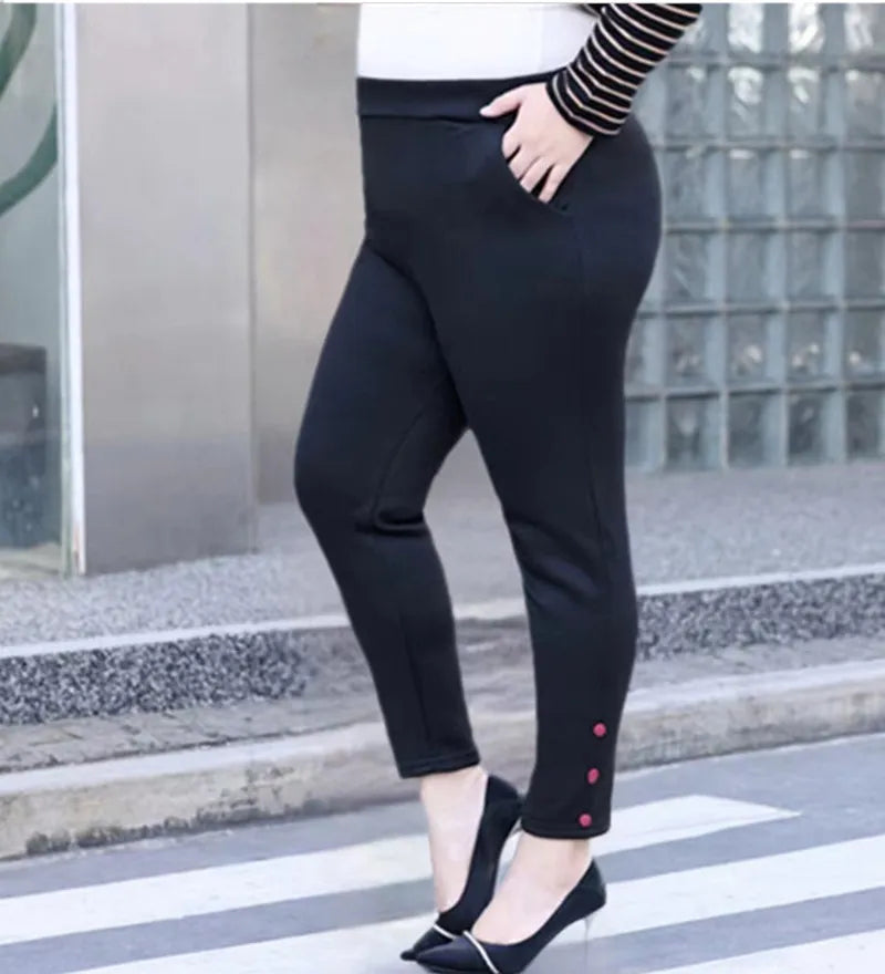 Damen-Leggings schwarz, Plus-Size, elastisch, mit Knöpfen, bequem, modisch, für Freizeitkleidung.